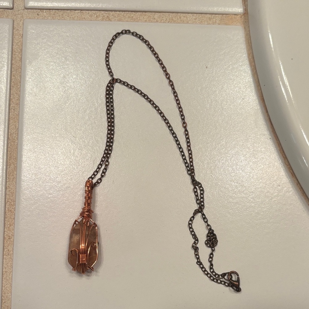 Wire-Wrapped Clear Crystal Pendant Necklace - Copper & Dark Chain